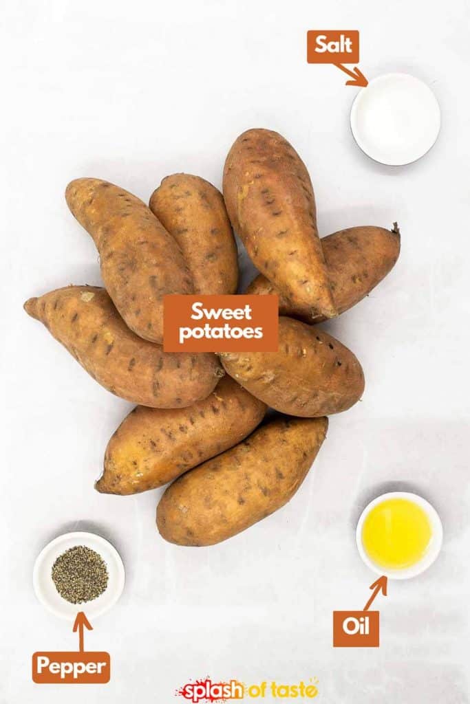 Ingredients needed to make sweet potato fries, sweet potatoes, sea salt, olive oil and freshly ground black pepper.