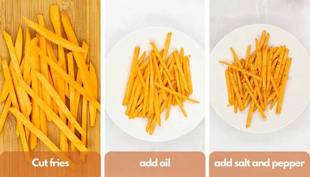 Process shots for how to make sweet potato fries, chop, add olive oil and salt and pepper.