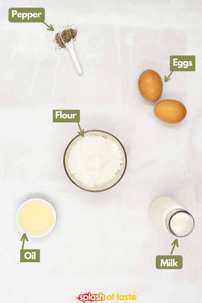 Ingredients needed to make Yorkshire pudding, black pepper, eggs, plain flour, vegetable oil and whole milk.