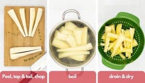 Process shots for how to make roast parsnips, peel parsnips, top, tail, boil, drain and dry.