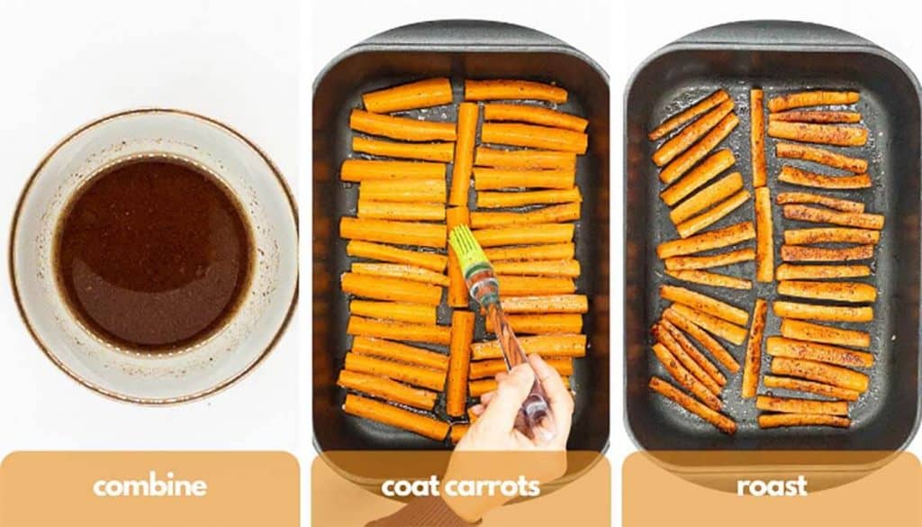 Process shots for how to make oven roasted carrots combine olive oil, cider vinegar, cinnamon and honey, coat the cooked carrots with glaze when they are in the baking sheet and then place the carrots in the oven and roast. ,