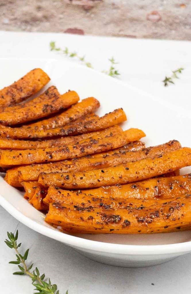 Homemade oven roasted carrots ready to eat.