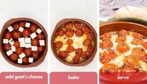 Process shots for how to make baked goats cheese, add goat's cheese, bake and serve with bread.