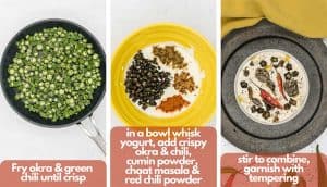 Process shots for how to make a bhindi raita recipe fry okra until crispy, in a bowl whist yogurt, add the crispy okra, red chili powder, roasted cumin powder, chaat masala and chili. Then stir to combine and garnish with tempering and chili.