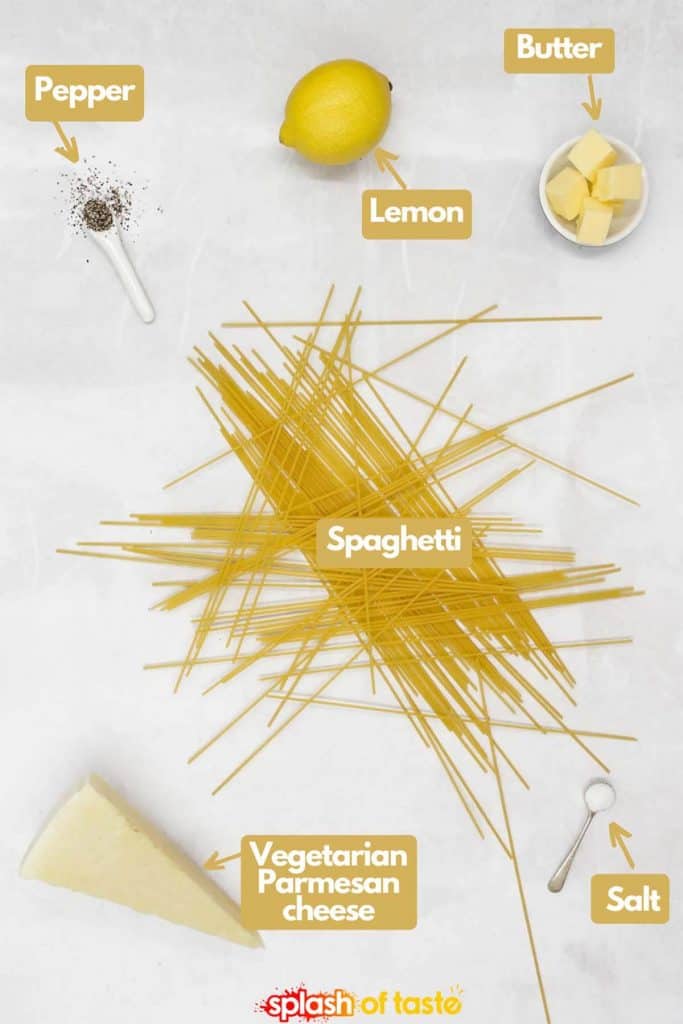 Ingredients needed for spaghetti cacio e pepe, freshly ground pepper, lemon juice, butter, spaghetti, vegetarian Parmesan cheese and salt.