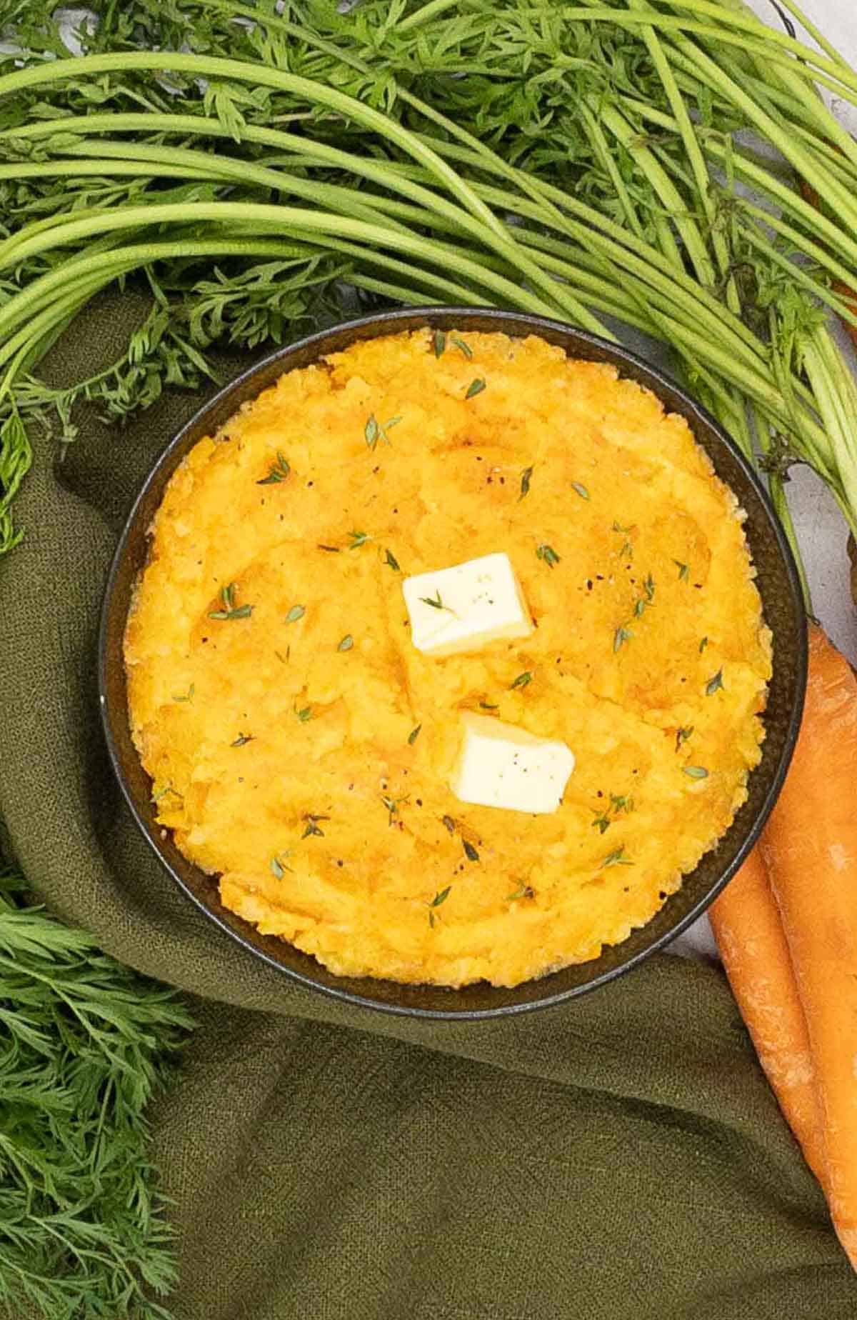 A bowl of homemade carrot and swede mash.