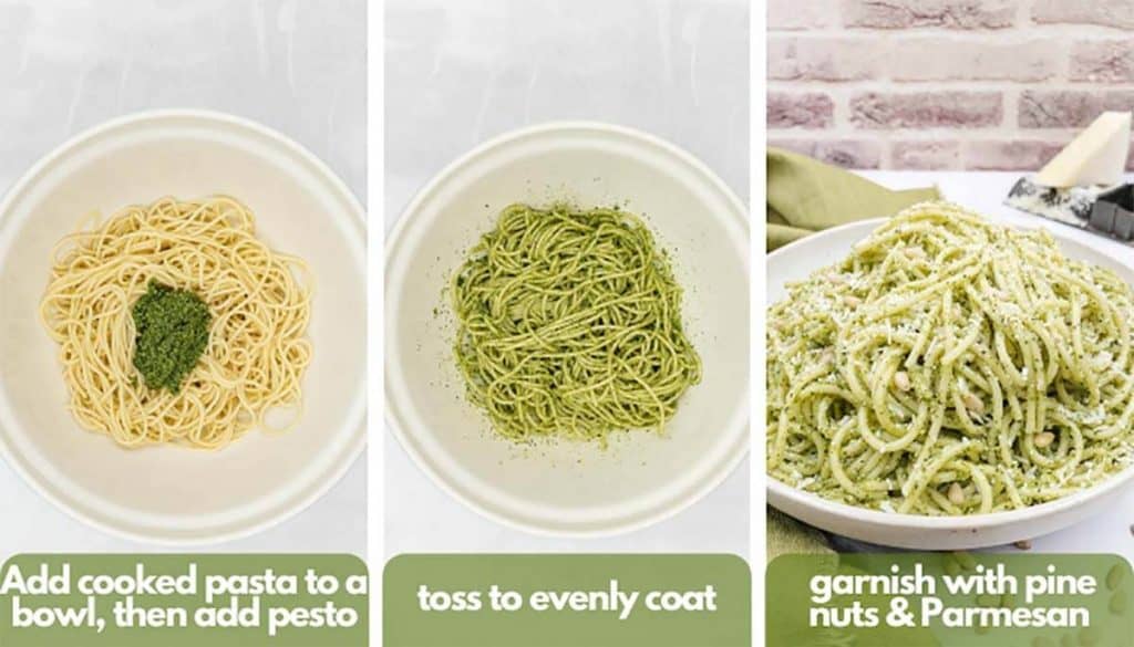 Process shots, add pesto to the pasta, add water and toss to combine, garnish with toasted pine nuts and Parmesan cheese.