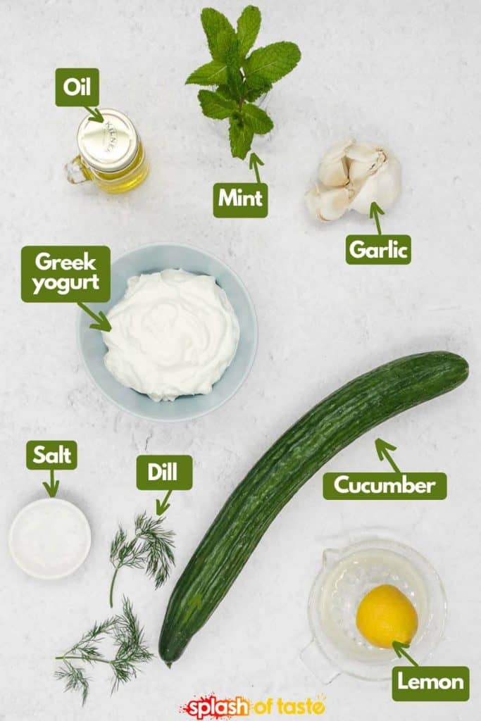 Ingredients for tzatziki, olive oil, mint, garlic, cucumber, lemon juice, dill, salt and Greek yogurt.