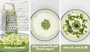 Process shots for cucumber sauce, grate cucumber, place in a bowl add Greek yogurt, olive oil, mint and dill.