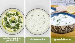 Process shots for how to easy tzatziki sauce, add lemon juice, garlic, and salt and stir to combine, serve.