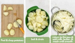 Process shots, peel and chop potatoes, boil and drain, return to the pan and add milk, butter and and mash until smooth.,