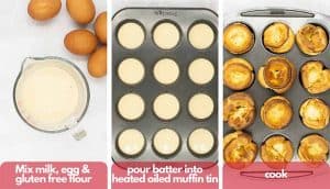 Process shots for making a gluten free Yorkshire pudding recipe, mix milk, egg and gluten free flour, pour smooth batter into a heated muffin tin and cook.