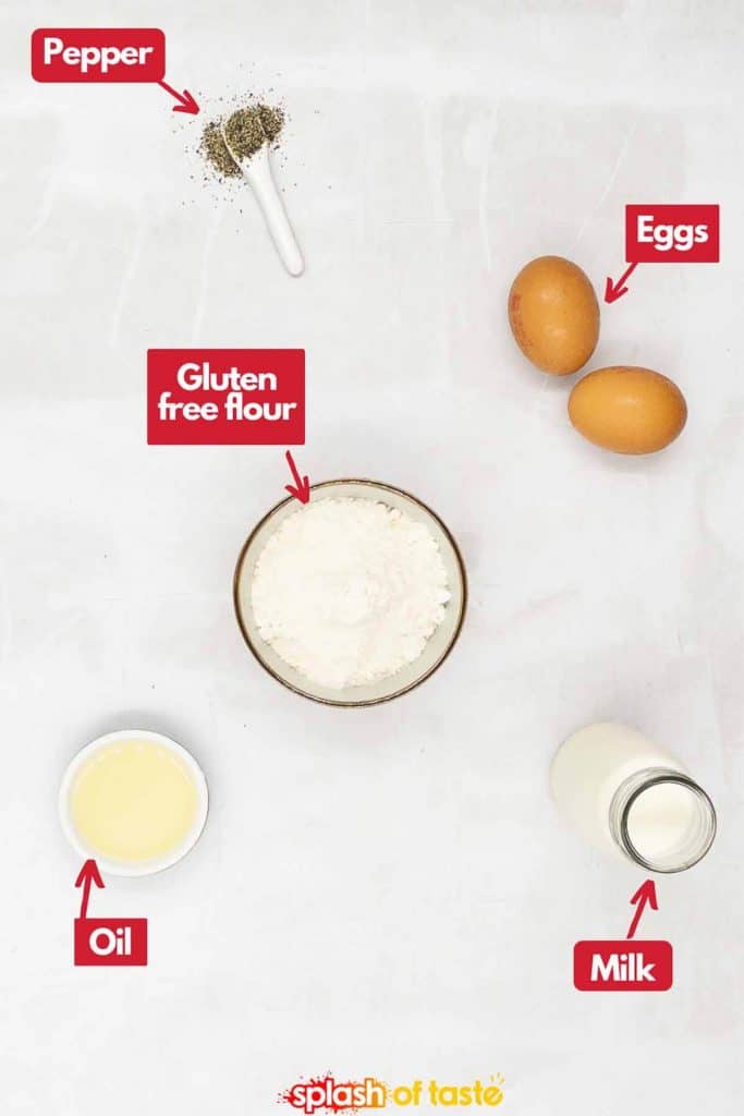 Ingredients need for a gluten free Yorkshire pudding recipe, ground black pepper, eggs, gluten free flour, milk and olive oil.
