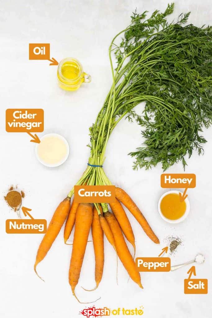 Ingredients for roasting carrots, carrots, olive oil, salt, cider vinegar, cinnamon, honey or maple syrup, and freshly ground black pepper.