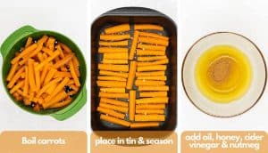 Process shots for roasting carrots, boil carrots, place cooked carrots in baking sheet, season with salt and pepper, add olive oil, cider vinegar, honey (or maple syrup) and cinnamon.