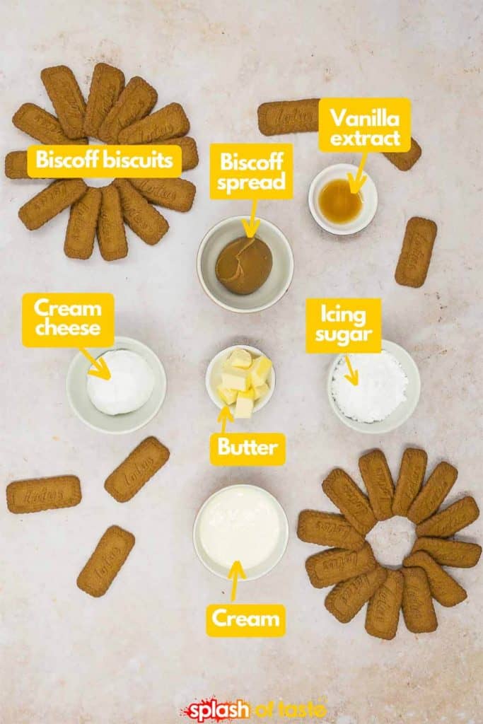 A photo of ingredients you'll need to make a no bake Biscoff cheesecake, biscoff biscuits, biscoff spread, vanilla extract, icing sugar, butter, cream cheese and double cream.