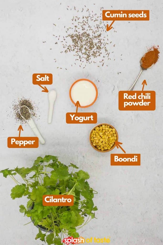 Ingredients for making boondi raita, cumin seeds, red chili powder, yogurt, salt and pepper, boondi (chaat masala) and cilantro.