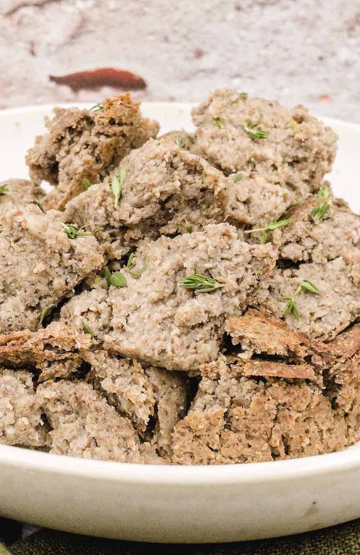 A bowl of homemade chestnut and mushroom stuffing ready to eat.
