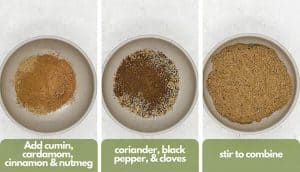 Process shots; photo 1, add cumin, cardamom, cinnamon and nutmeg; photo 2, coriander, black pepper and cloves; photo 3, stir to combine.