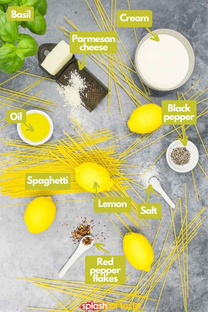 Ingredients for making lemon pasta from scratch, fresh basil, veggie parmesan cheese, heavy cream, lemon, freshly ground black pepper,, kosher salt, red pepper flakes and spaghetti.