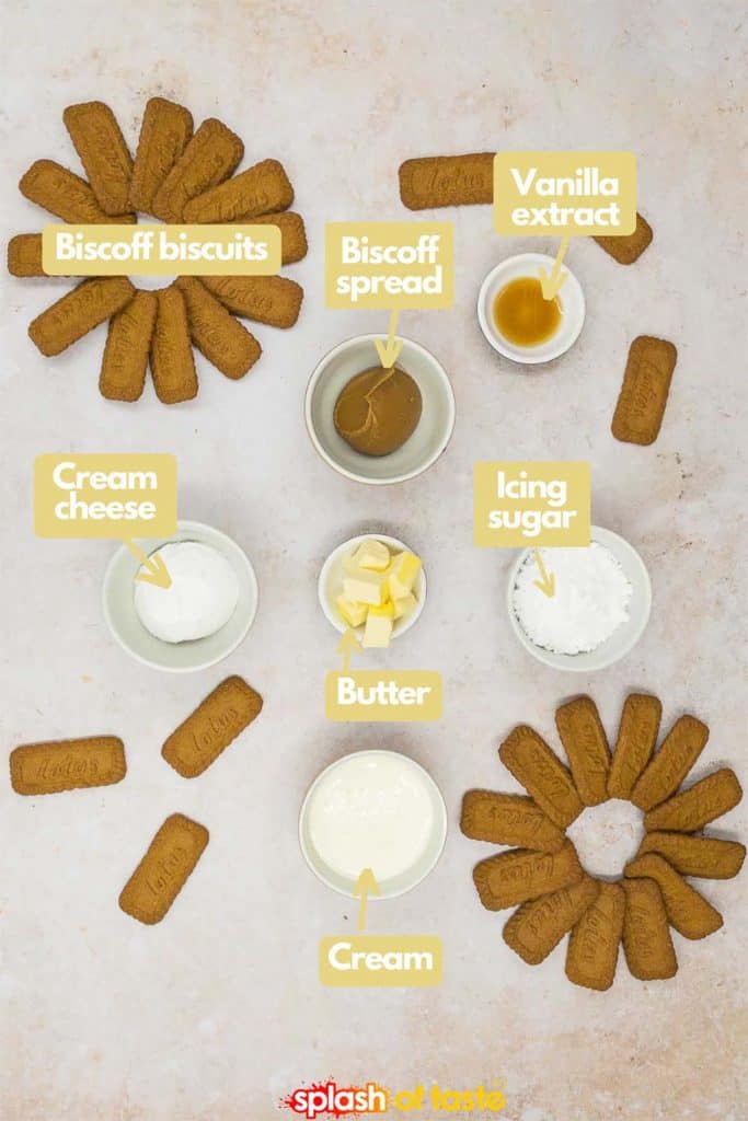Ingredients needed Biscoff biscuits, Biscoff spread (cookie butter), vanilla extract, icing sugar, butter, cream cheese, and double cream.