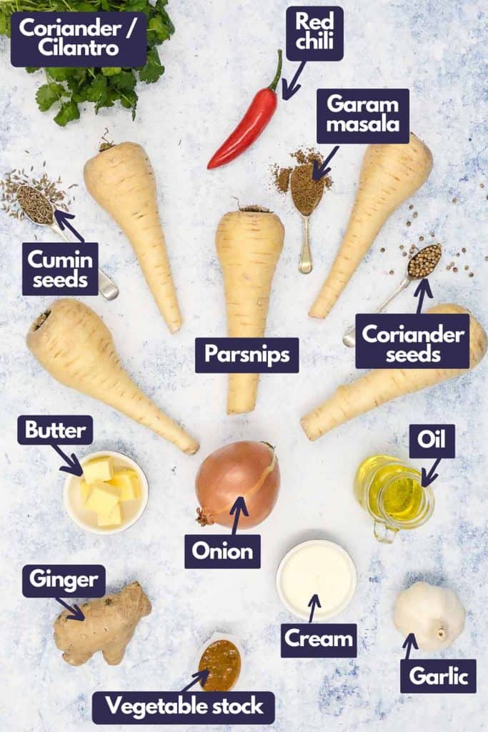 Ingredients needed, coriander, red chili, garam masala, coriander seeds, parsnips, olive oil, garlic, double cream, onion, vegetable stock, ginger and butter.