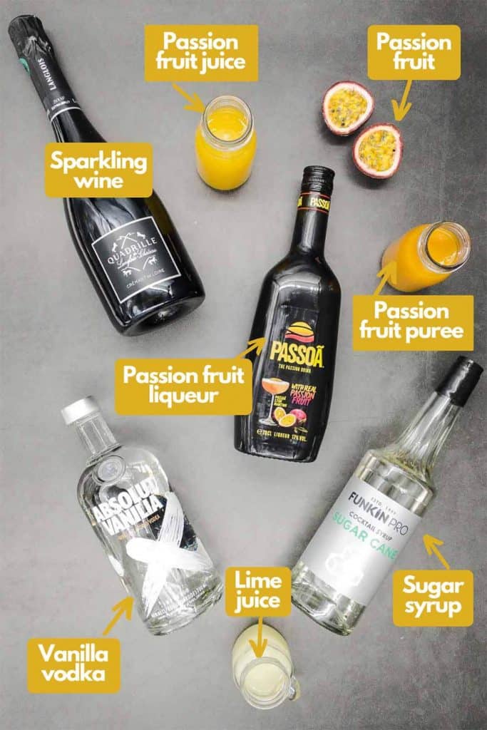 Ingredients for passionfruit martini, sparkling wine, passion fruit juice, passion fruit, passion fruit purée, sugar syrup, lime juice & vanilla vodka.