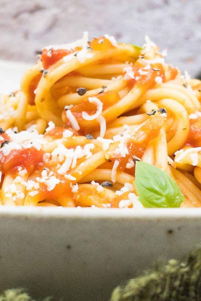 A close up of a delicious bowl of spaghetti marinara, with grated Parmesan cheese and fresh basil to garnish.