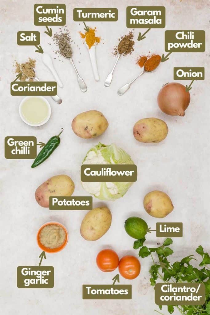 Ingredients needed for cauliflower curry, coriander powder, salt, cumin seeds, turmeric, garam masala, red chilli powder, onion, cauliflower, green chili, potatoes, lime, cilantro, tomatoes, and ginger garlic paste.