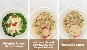 Process shots, photo one, add spices and peas, stir to combine; photo two, add flour, bread crumbs, stir then shape into balls; photo three, flatten into patties.