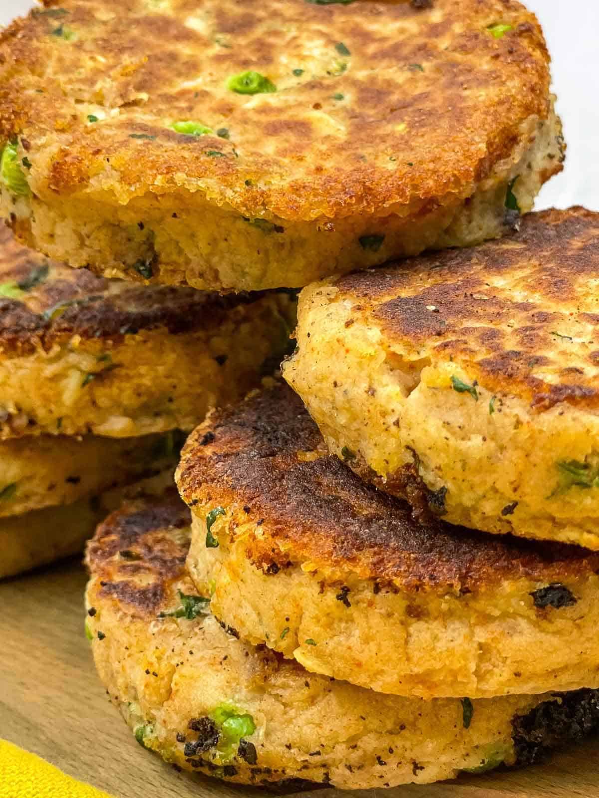 A stack of homemade aloo tikki.