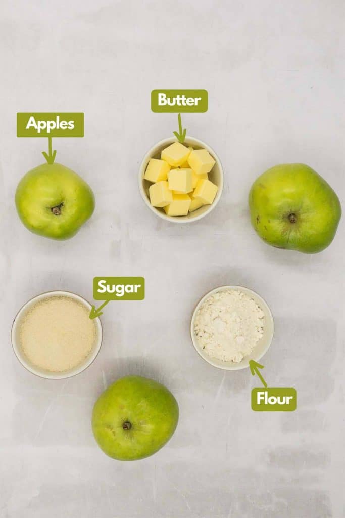 Ingredients needed, apples, butter, flour & sugar.