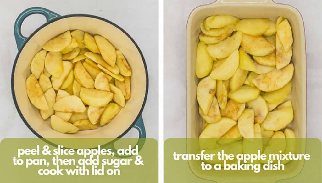 Process shots; peel and slices apples, add to a pan, add sugar & cook with lid on, then transfer to baking dish.