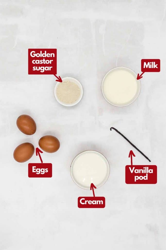 Ingredients needed, golden castor granulated sugar sugar and vanilla bean pod, milk, and egg yolks.