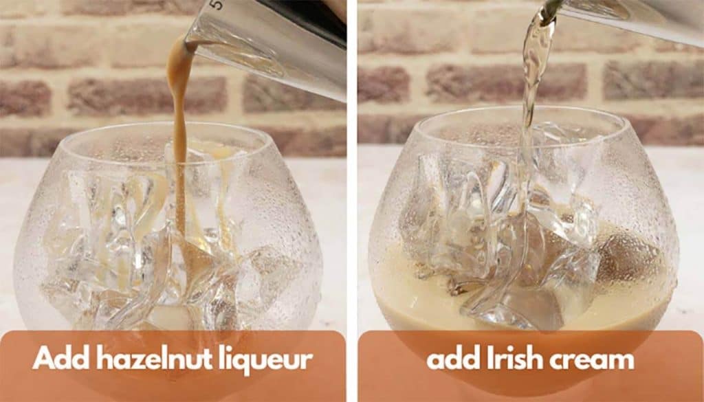 Process shots for how to make a nutty Irishman; photo one, pour Irish cream over ice cubes; photo two pour Frangelico and mix.