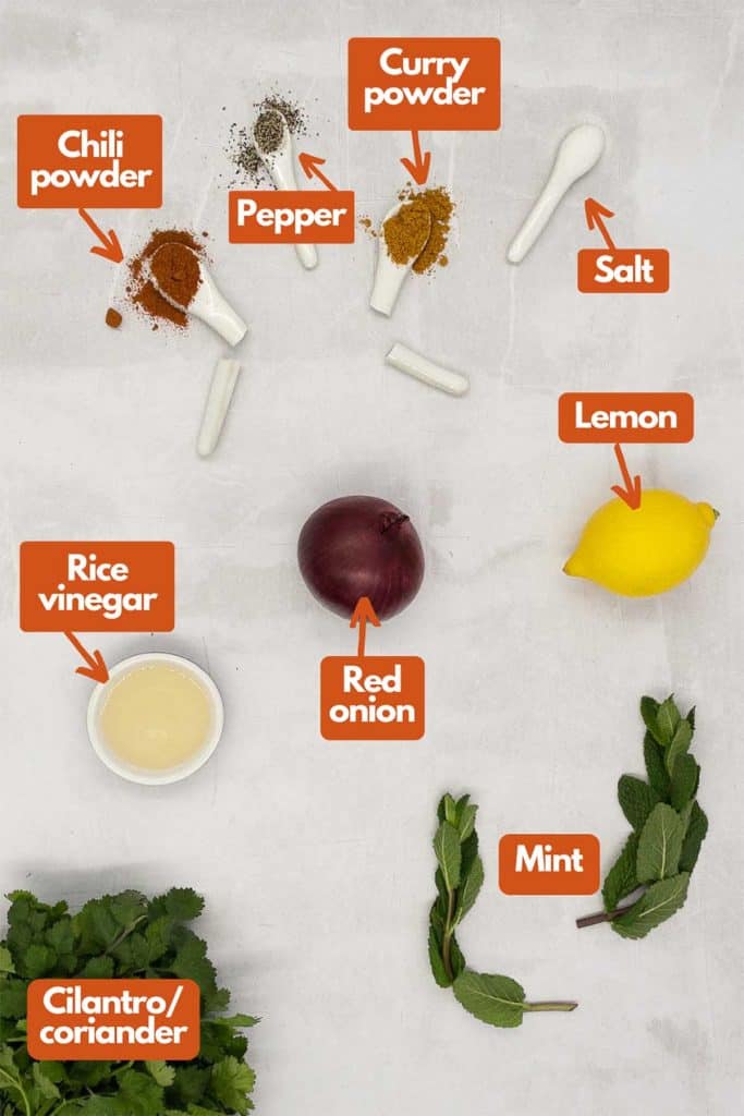 Ingredients needed red chili powder, black pepper, curry powder, salt, lemon juice, red onion, rice vinegar, mint, and cilantro.