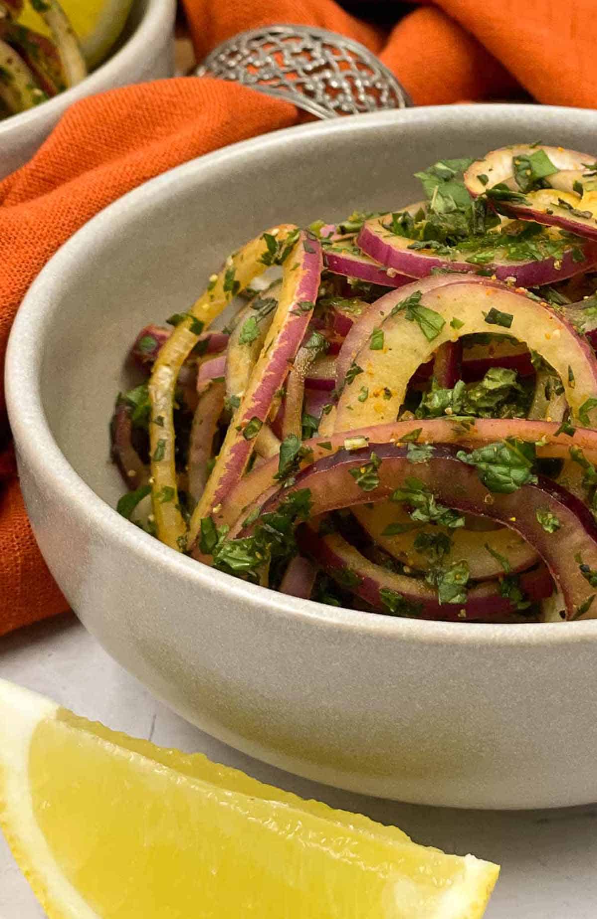 Freshly made Indian onion salad in a bowl.