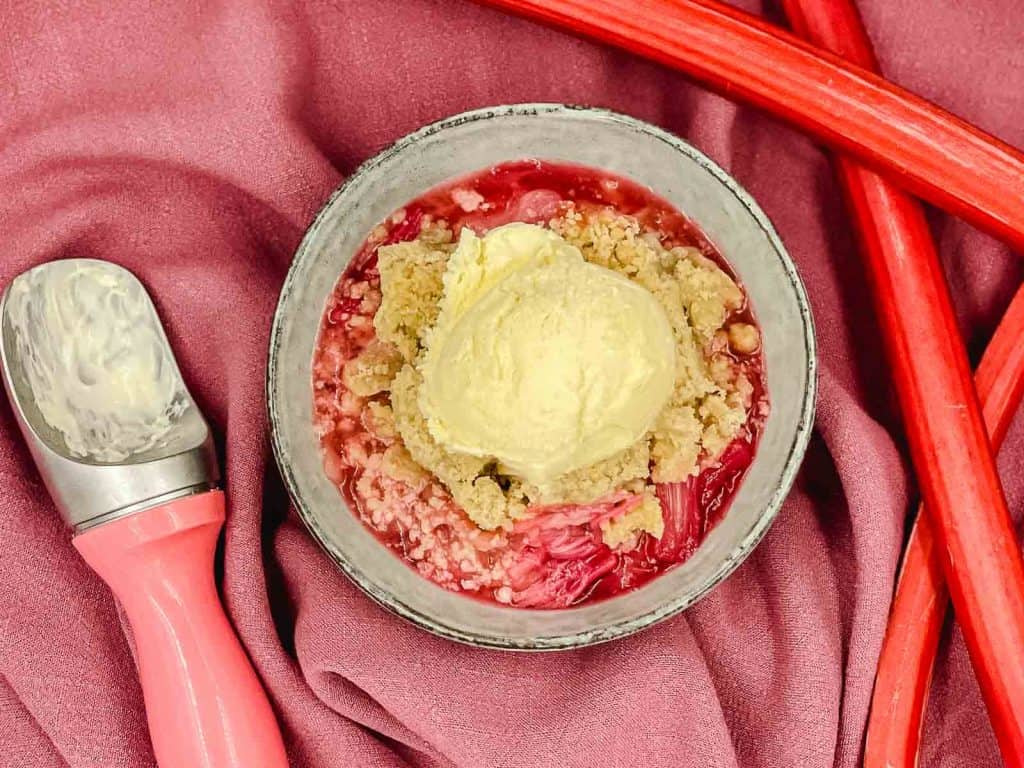 Homemade crumble with rhubarb and a scoop of vanilla ice cream on top.