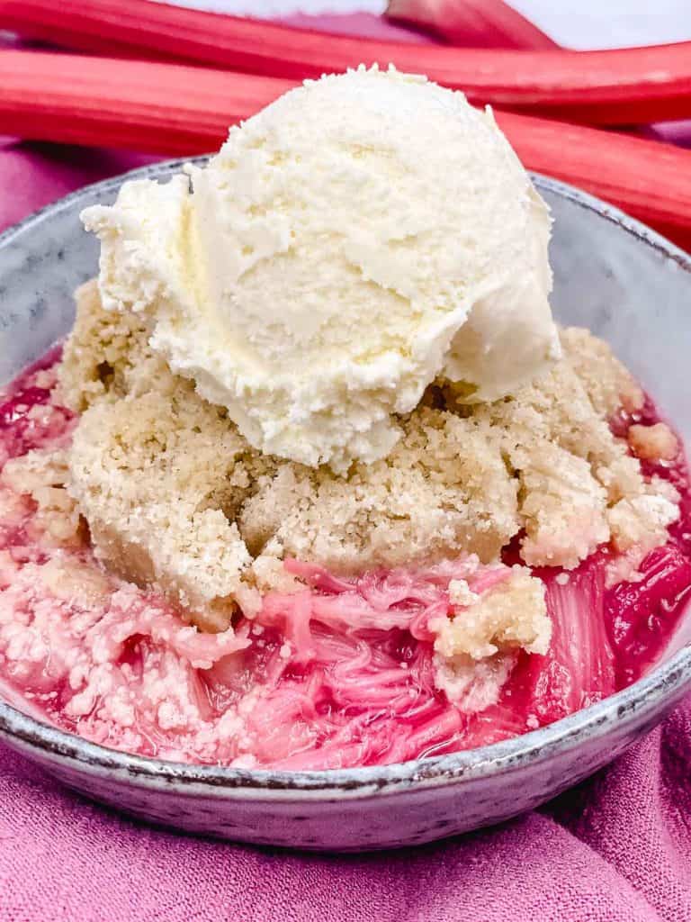 A bowl of freshly made rhubarb crumble with a delicious scoop of vanilla ice cream.