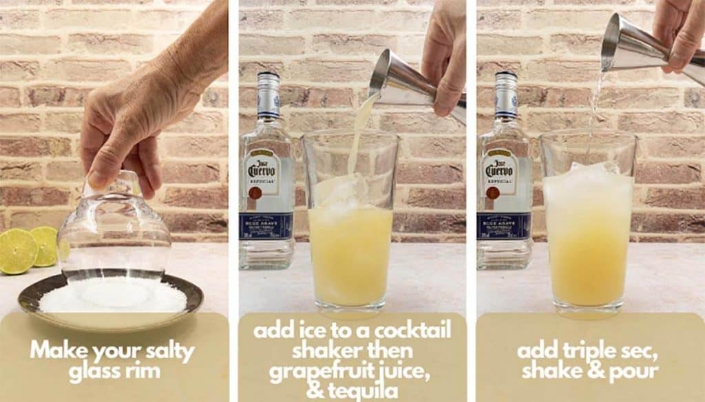 Process shots, photo one; make your salty rim, photo two; add ice to a cocktail shaker, then add grapefruit juice and tequila; photo three, add triple sec, shake and pour.