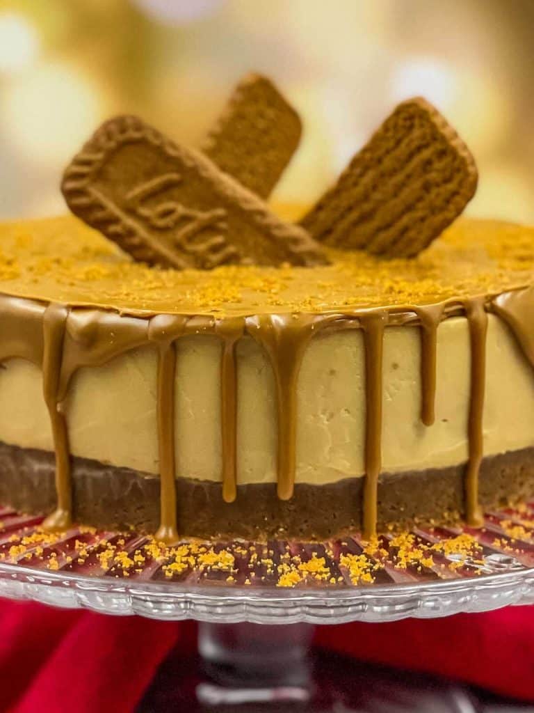 Close up of a vegan Biscoff cheesecake on a cake stand that's just been made.