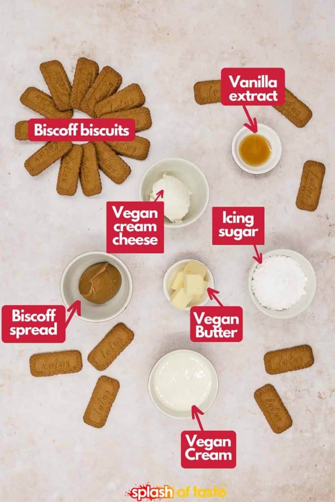 Ingredients needed, Biscoff biscuits, vanilla extract, icing sugar, vegan cream cheese, vegan butter and Biscoff spread.