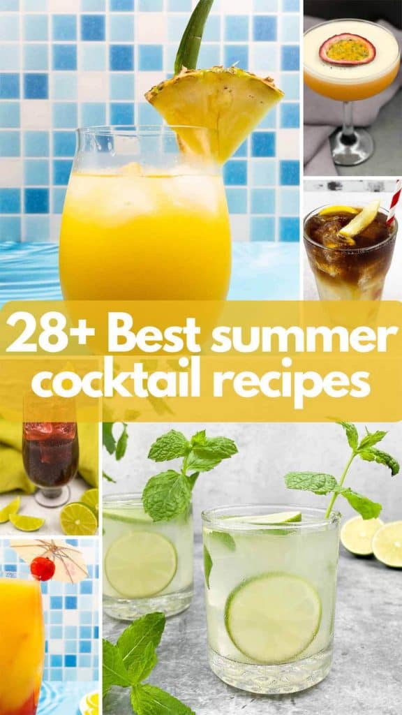 Summer cocktails collage, pineapple tequila, passion fruit martini, long island iced tea, mojitorita, purple rain, and tequila sunrise.