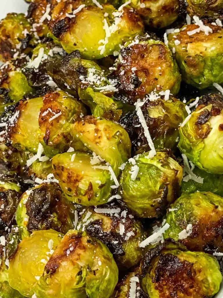 Close up of cooked air fryer Brussels sprouts.