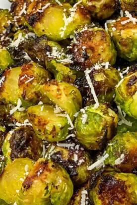 Close up of air fryer Brussels sprouts.