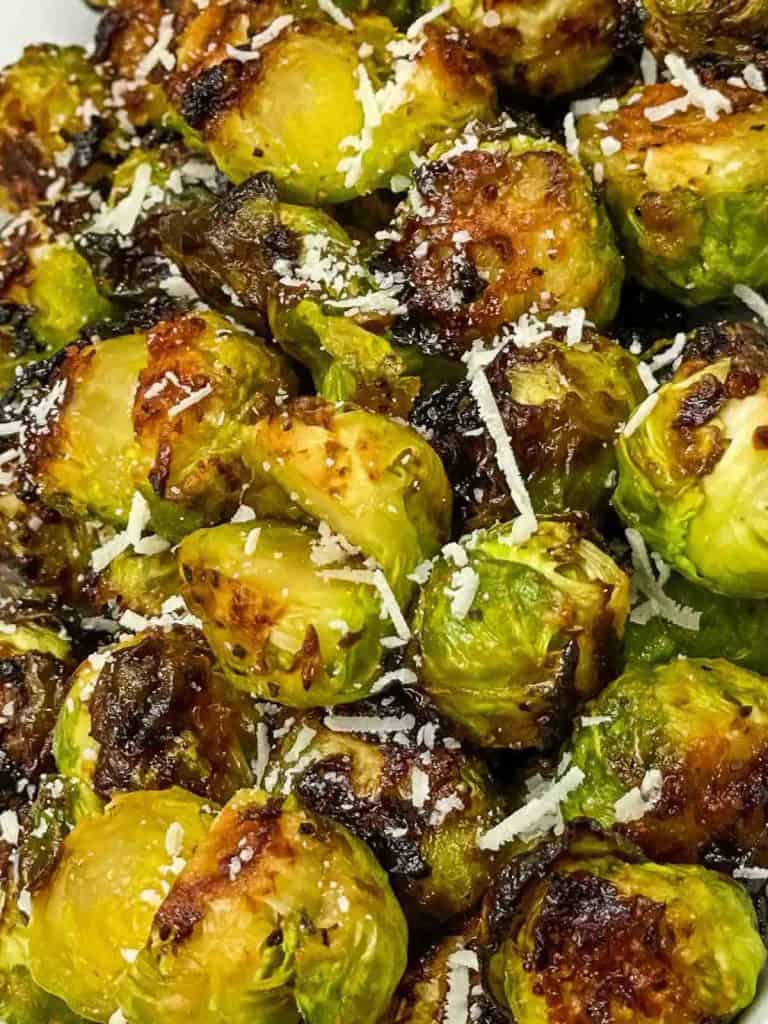 Close up of air fryer Brussels sprouts.