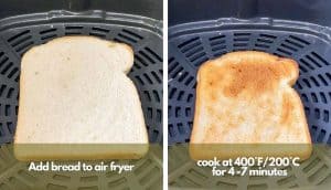 Process shots, photo one add bread to air fryer basket; photo two cook at 400°F/200°C for 4 - 7 minutes.