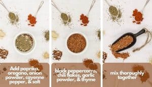 Process shots, photo one, add paprika, oregano, onion powder, cayenne powder, & salt; photo two, black peppercorns, red chili flakes, garlic powder, & thyme; photo three, mix thoroughly together.