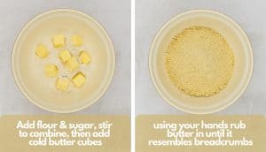 Process shots, photo one; add flour & granulated sugar, stir to combine, then add old butter cubes; photo two, using your hands, rub butter in until it resembles breadcrumbs.