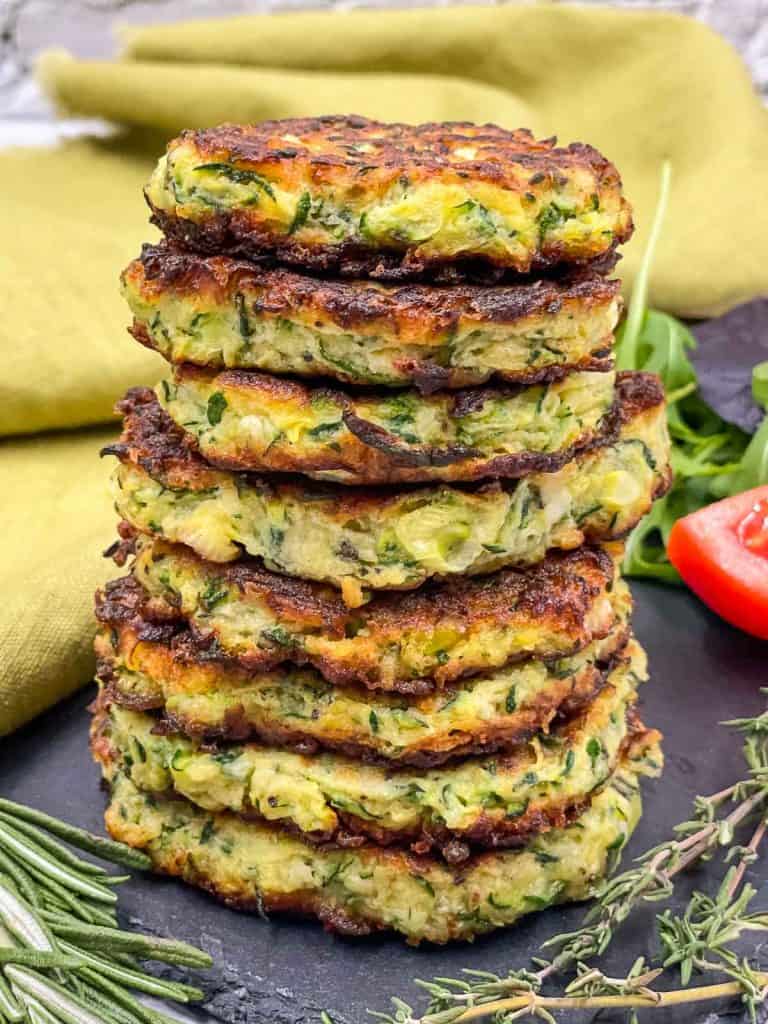 Delicious stack of courgette fritters.